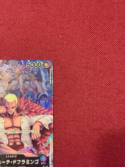 One Piece Donquixote Doflamingo OP04-019 trading card from Japan with minor signs of use in protective sleeve