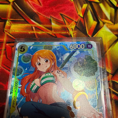One Piece Nami EB03-053 parallel SR yellow trading card from Japanese anime series