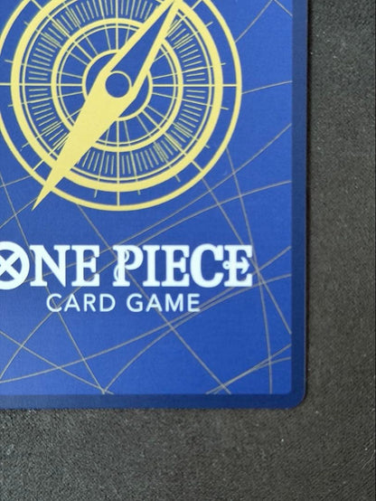 One Piece Monkey D. Luffy P-043 card game with visible vertical scratch marks on surface