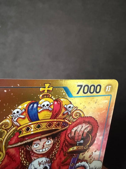 One Piece Monkey D. Luffy P-043 card game with visible vertical scratch marks on surface