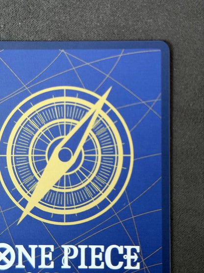One Piece Monkey D. Luffy P-043 card game with visible vertical scratch marks on surface