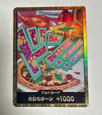 One Piece Don Card Gold Don Jewelry featuring Bonnie Pizza with included sleeves and loader for storage
