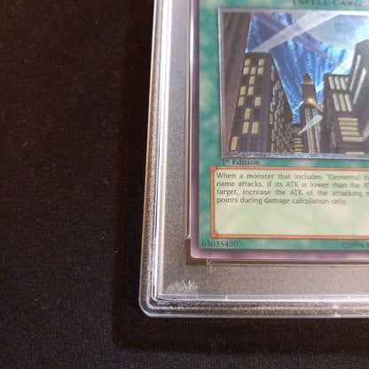 Yugioh Skyscraper Old Asia Relief Card graded PSA 8 showing front with detailed relief design