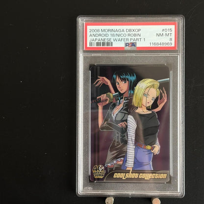Morinaga 2008 wafer card #015 showing Android 18 and Nico Robin Dragon Ball x One Piece crossover