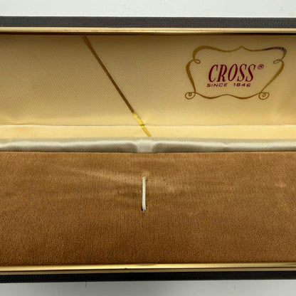 Brown CROSS pen case empty box with gold logo, measuring approximately 6.5 inches by 2.2 inches