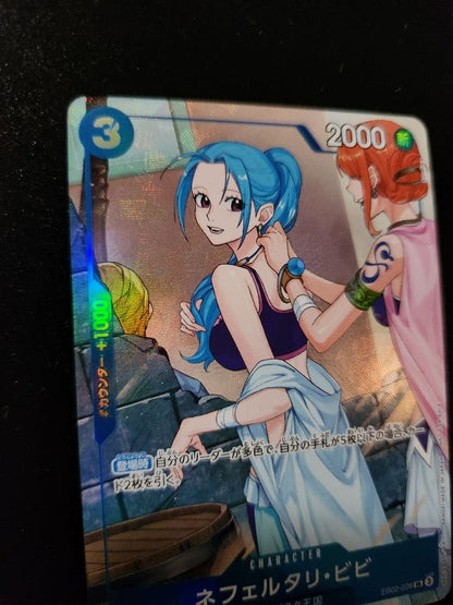 One Piece Nefertari Vivi EB02-026 collectible card in protective sleeve