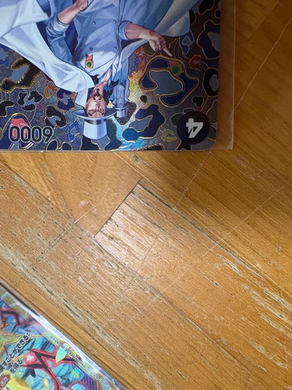 One Piece Card Game Rob Lucci SP OP05-093 rare card stored in a sleeve and folder with visible marks