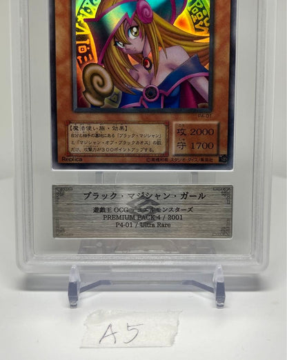 Yugioh Black Magician Girl Ultra Rare P4-01 trading card in protective sleeve with cardboard backing