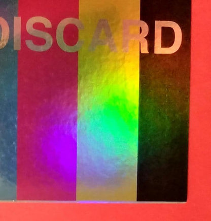 Japanese test print Holorama card error with colorful glitter, hologram elements, and discard display in used condition