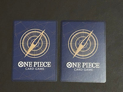 One Piece Monkey D. Luffy promo card set featuring two cards from Wano Arc with crown-wearing Luffy and Straw Hat Crew