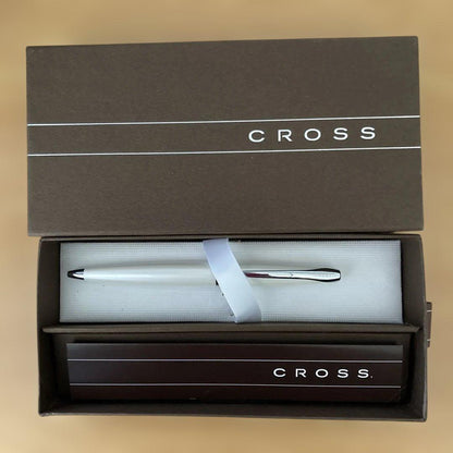 CROSS Twist Ballpoint Pen in white and silver with black ink and twist mechanism, 5.3 inches long