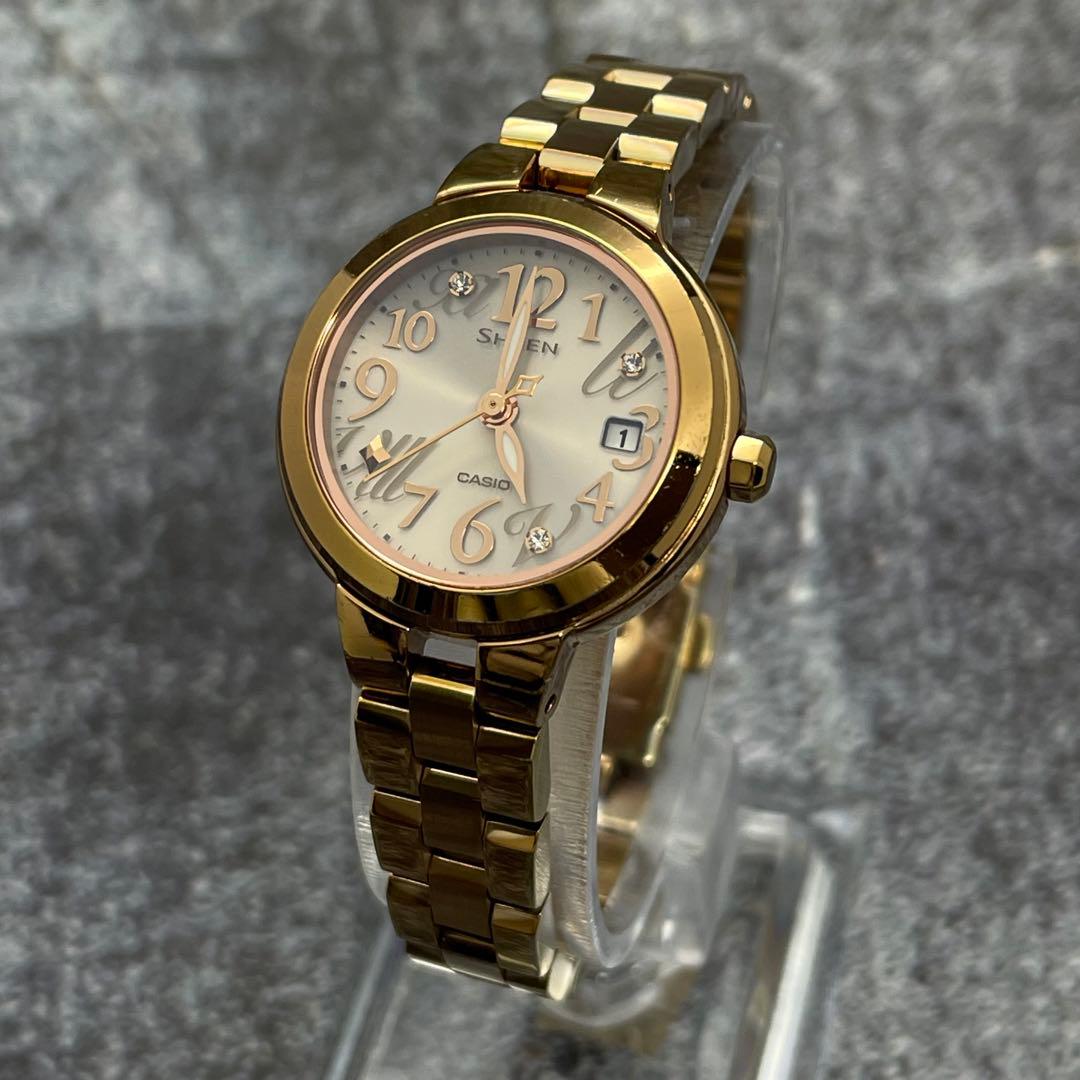 Casio Sheen Ladies Watch Solar Movement Gold Round Dial with Linen Stones — Japan Import