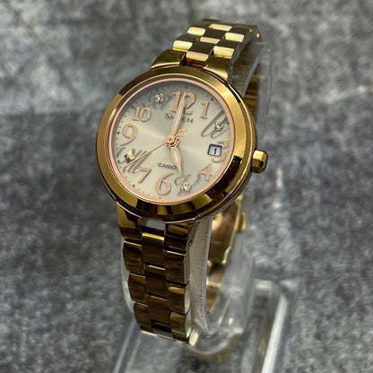 Casio Sheen Ladies Watch Solar Movement Gold Round Dial with Linen Stones — Japan Import