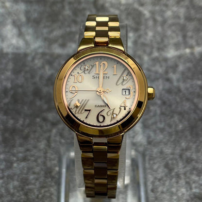 Casio Sheen Ladies Watch Solar Movement Gold Round Dial with Linen Stones — Japan Import