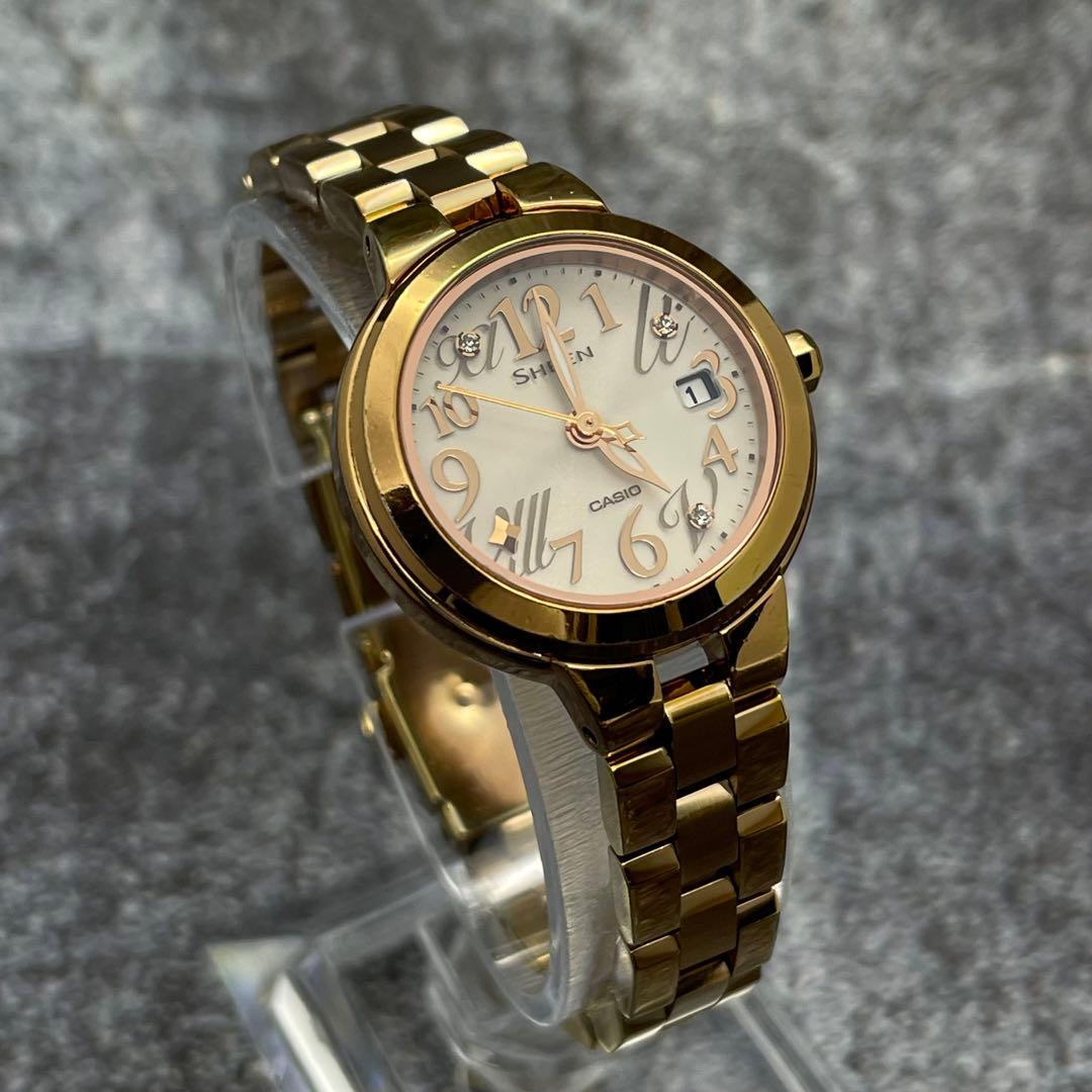 Casio Sheen Ladies Watch Solar Movement Gold Round Dial with Linen Stones — Japan Import