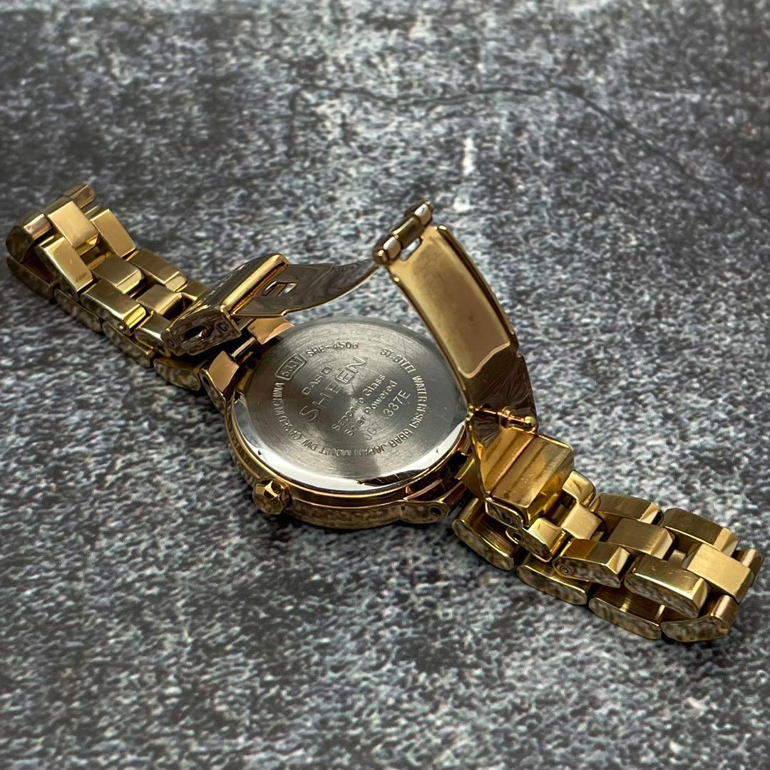 Casio Sheen Ladies Watch Solar Movement Gold Round Dial with Linen Stones — Japan Import
