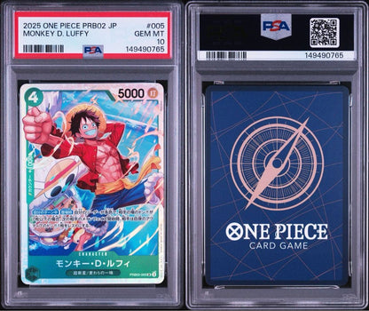 One Piece Monkey D. Luffy PRB02-005 character card graded PSA GEM MT 10 from One Piece Card Game series