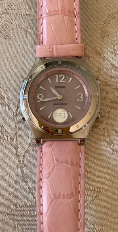 Casio Wave Ceptor Leather Solar Radio Watch in Pink — Japan Import