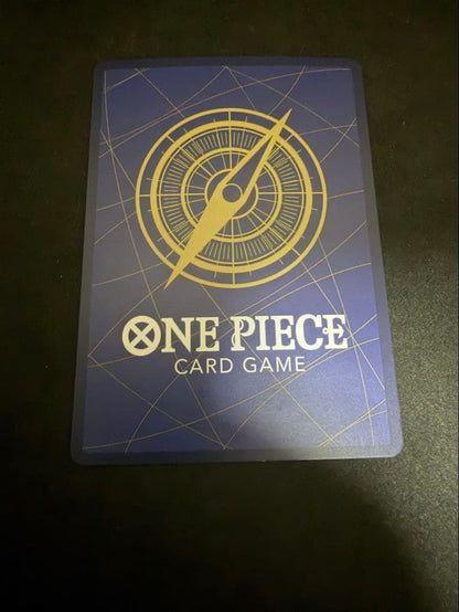 One Piece Rebecca SP card game card showing front with used play condition and white stain on the back