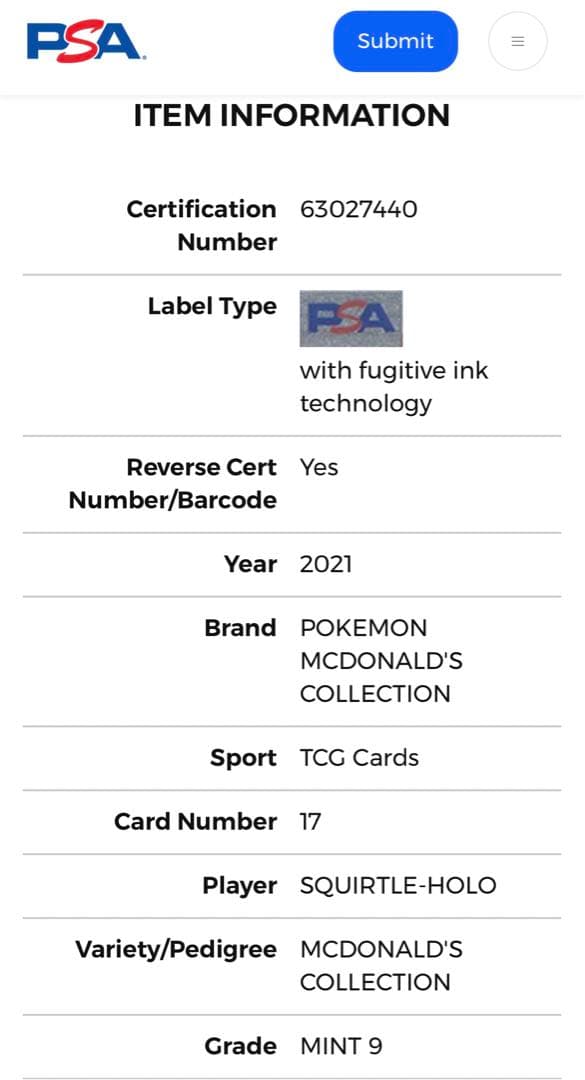 Pokemon Card PSA 9 Squirtle 25th Anniversary McDonald's 2021 rare promo collectible Japan import