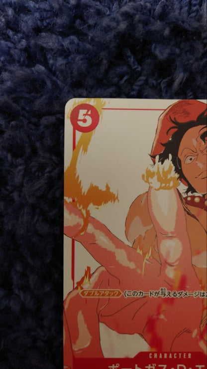 One Piece Portgas D. Ace P-028 card in sleeve with loader and zip lock in cardboard sandwich