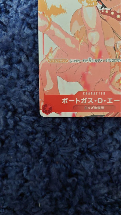 One Piece Portgas D. Ace P-028 card in sleeve with loader and zip lock in cardboard sandwich
