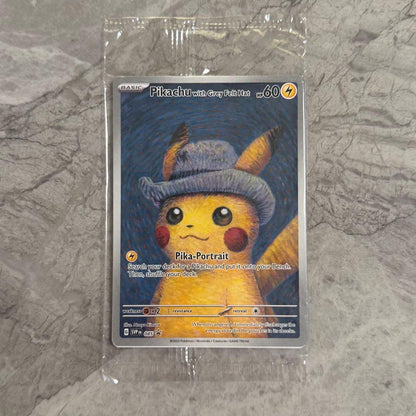 Unopened Gogh Pikachu figure wearing grey felt hat with minor white scratch on lower left side