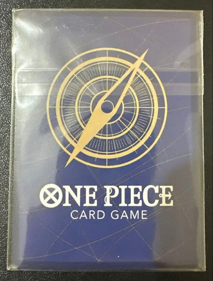 Unopened One Piece Trafalgar Law promo card showing shield attribute and blocker ability.