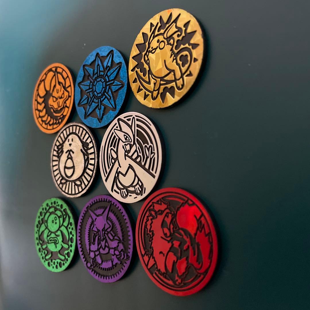 Bandai Pokemon Card Coins 8-set with Jim Leader themes and rare holographic designs from Japan