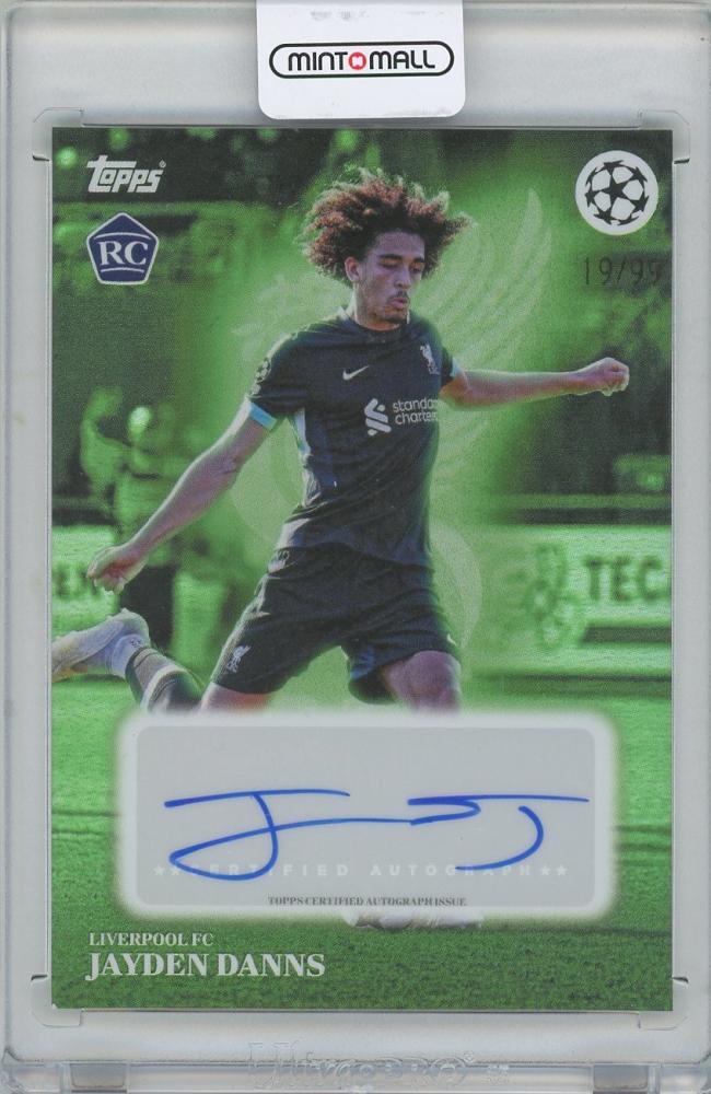 2024-25 TOPPS Simplicidad UEFA Canteranos Autographs Green card of Jayden Danns Liverpool FC numbered 19 of 99