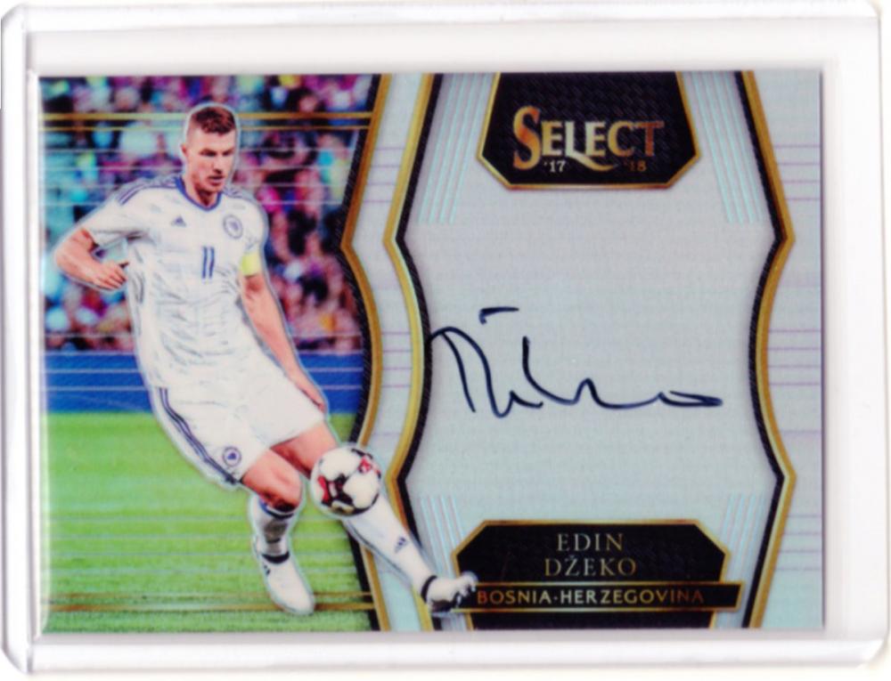 2017-18 Panini Select Soccer card featuring Edin Dzeko with a direct handwritten autograph