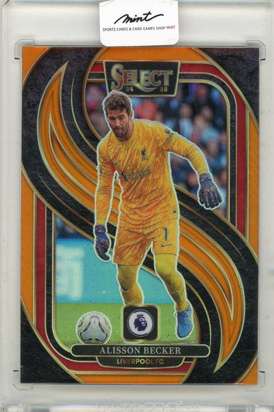 2024-25 Panini Select soccer card featuring Alisson Becker serial number 68 out of 75