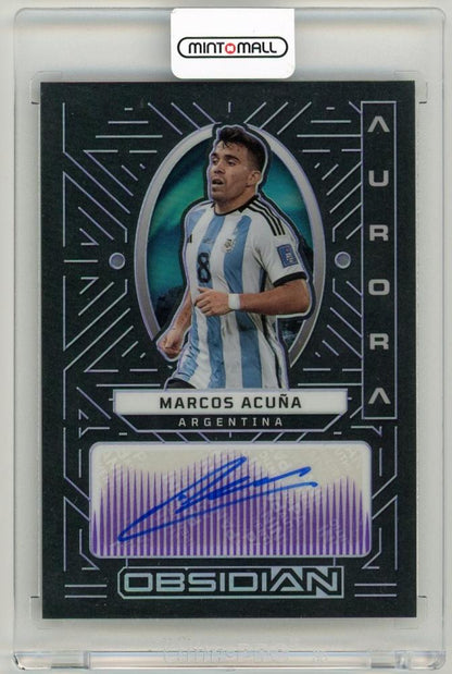 2022-23 Panini Obsidian Marcos Acuna Aurora Autographs Electric Etch Purple Parallel card number 38 of 50 from Argentina