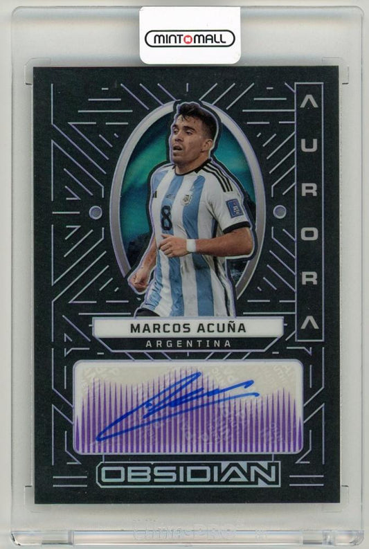 2022-23 Panini Obsidian Marcos Acuna Aurora Autographs Electric Etch Purple Parallel card number 38 of 50 from Argentina