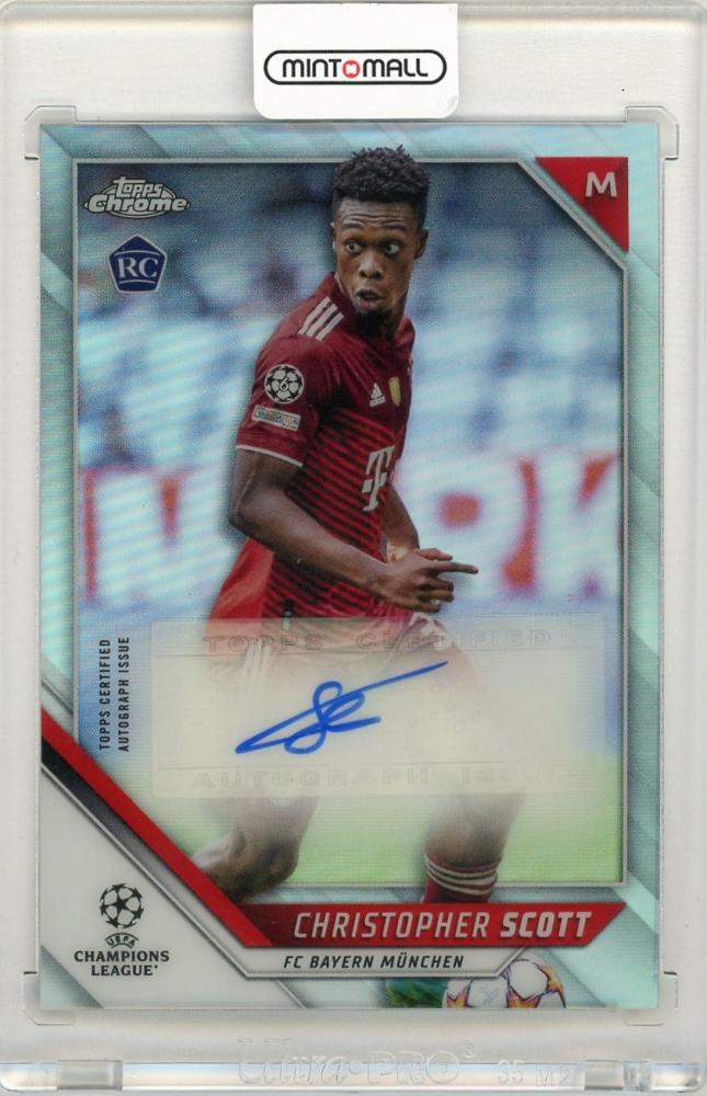 2021-22 Topps Chrome UEFA Champions League trading card featuring Christopher Scott autograph and FC Bayern Munchen logo