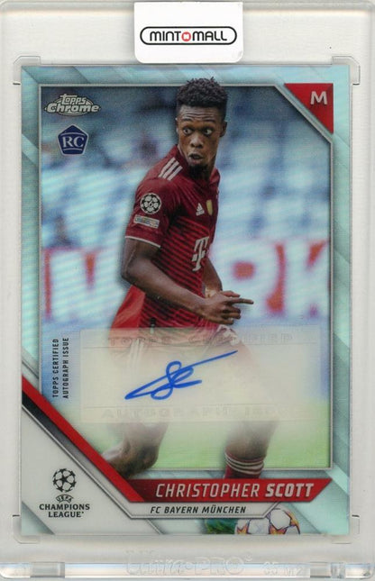 2021-22 Topps Chrome UEFA Champions League trading card featuring Christopher Scott autograph and FC Bayern Munchen logo