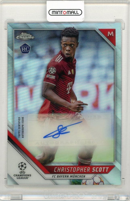 2021-22 Topps Chrome UEFA Champions League trading card featuring Christopher Scott autograph and FC Bayern Munchen logo