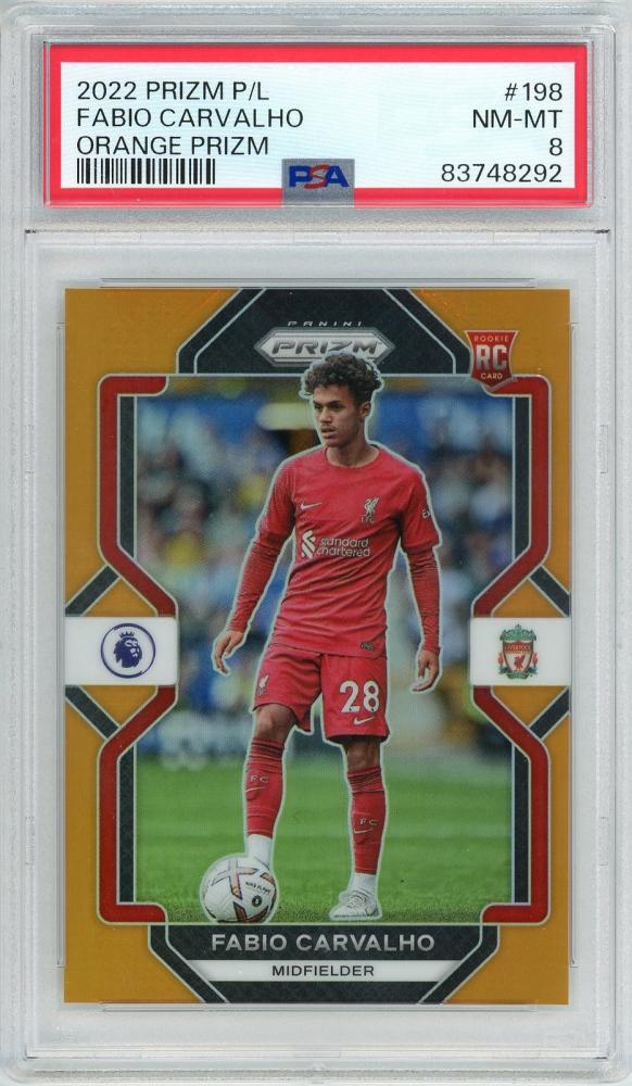 PSA8 graded 2022-23 Panini Prizm Premier League Fabio Carvalho Rookie Base Orange Refractor card serial 15 of 15