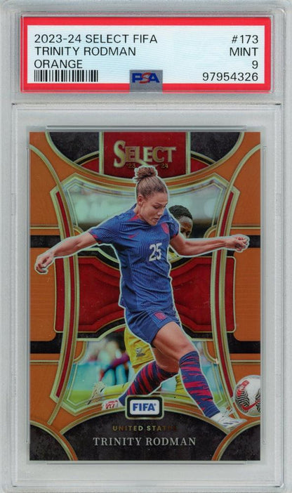 2023-24 Panini Select FIFA Trinity Rodman trading card with Base, Mezzanine, and Orange Parallels graded PSA9