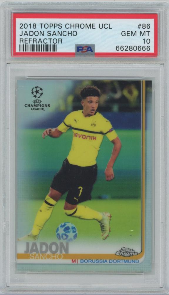 2018-19 TOPPS Chrome UEFA Champions League Refractor card #86 of Jadon Sancho from Borussia Dortmund graded PSA 10 Gem Mint