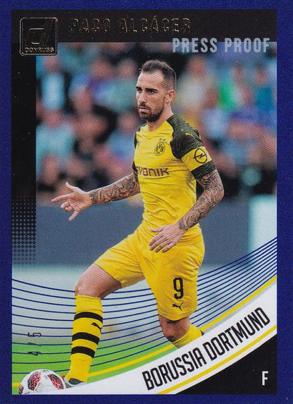 2018-19 Donruss Borussia Dortmund Paco Alcacer Base Blue Parallel trading card serial numbered 4 of 5