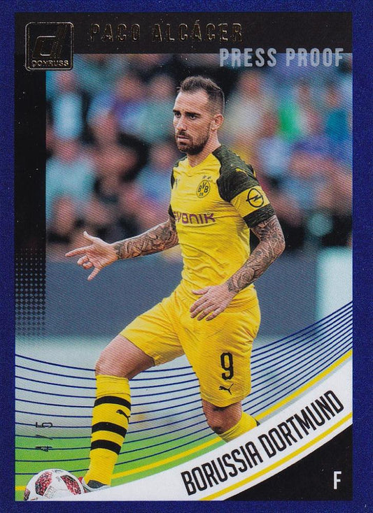 2018-19 Donruss Borussia Dortmund Paco Alcacer Base Blue Parallel trading card serial numbered 4 of 5
