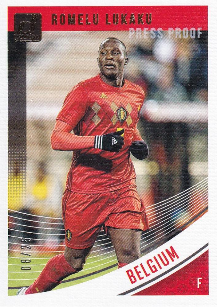 2018-19 Donruss Belgium Romelu Lukaku Base Canvas Parallel trading card numbered 08 out of 25 with minor stain on back