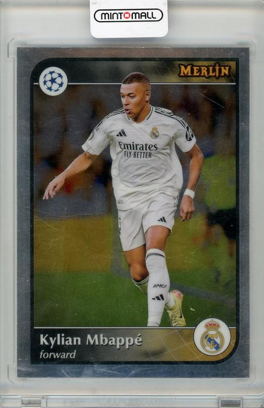 2025 TOPPS MERLIN trading card featuring Kylian Mbappe #9 from Real Madrid in mint condition