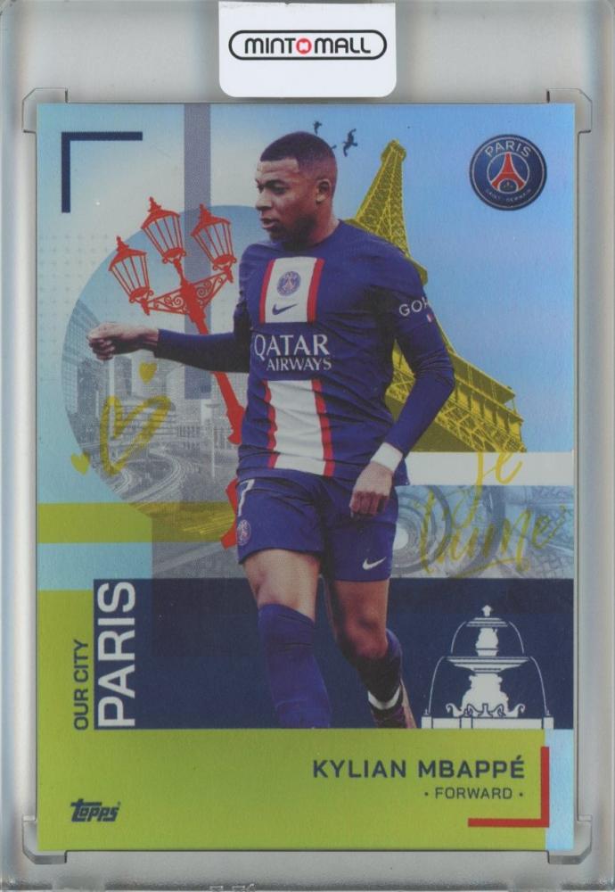 2022-23 Topps Paris Saint-Germain Kylian Mbappe Our City #25 Yellow Parallels collectible card serial numbered 47 of 50