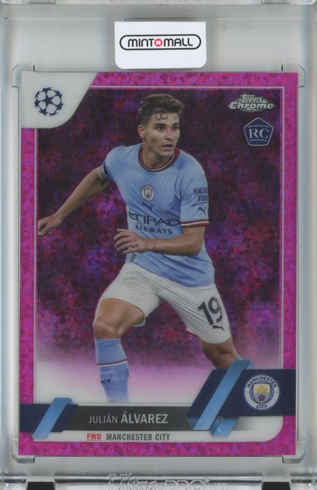 2022-23 Topps Chrome UEFA Club Competitions Soccer card Julian Alvarez Base Pink Mini-Diamond RC number 91 out of 175