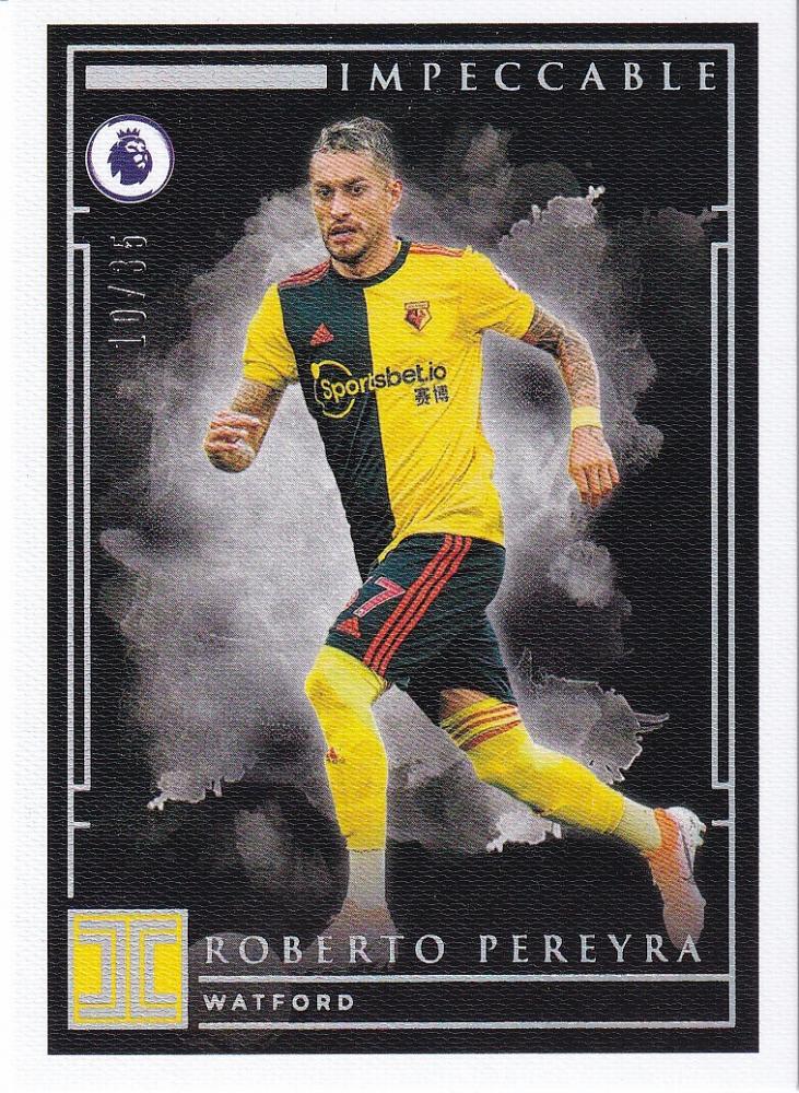 2019-20 Panini Impeccable Premier League Watford Roberto Pereyra Base Silver Parallel card numbered 10 of 35 with minor stain
