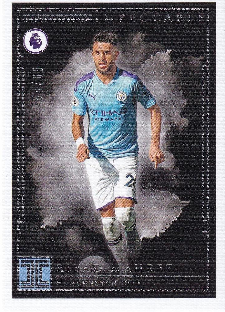 2019-20 Panini Impeccable Premier League Manchester City Riyad Mahrez Base card numbered 54 of 65 with minor stain on back