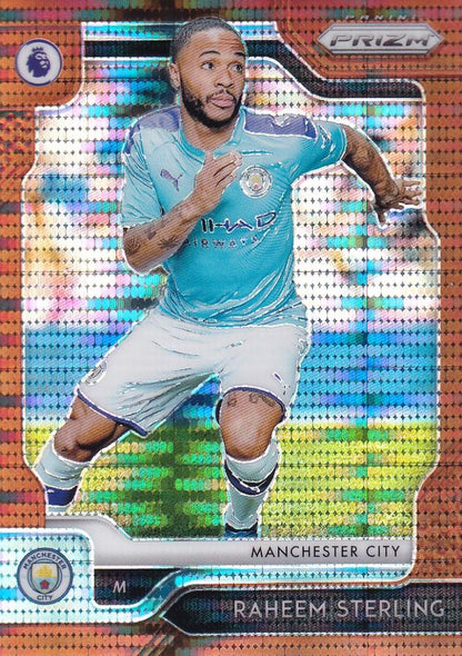 2019-20 Panini Prizm Premier League Raheem Sterling Manchester City Bronze Parallel trading card numbered 13 out of 20