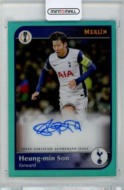 2024-25 Topps Merlin UEFA Club Competitions Heung-min Son Autographs Aqua Refractor trading card 18 of 75